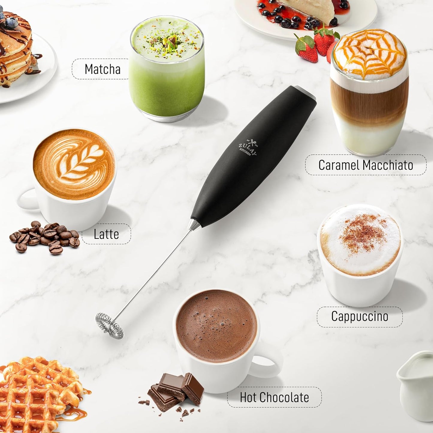 Zulay Kitchen Milk Frother Handheld Electric Whisk – Frother Wand, Durable Drink Mixer, Stainless Steel Whisk, Coffee Frother, Hand Blender, Frother for Protein Powder, Lattes, Matcha & More - Black