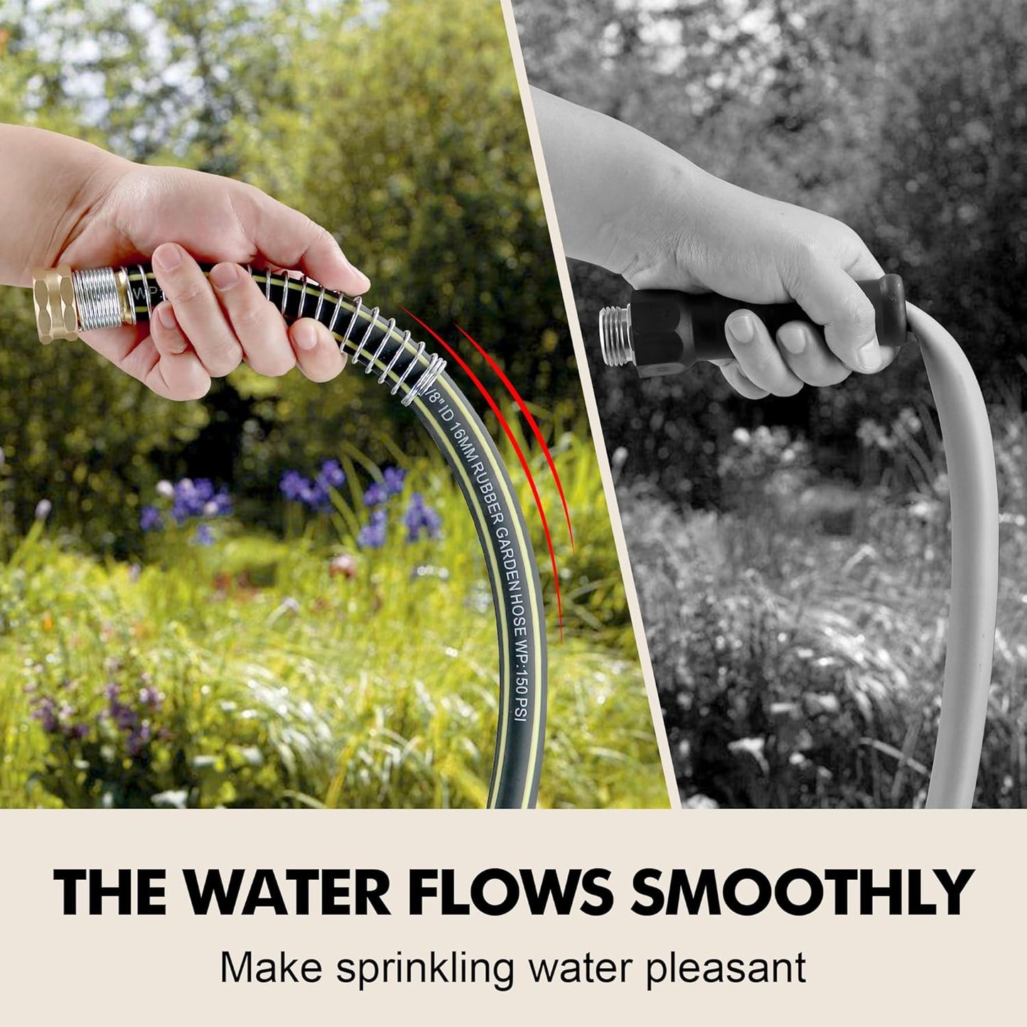 Lightweight Rubber Garden Hose 50 ft, 5/8" Hybrid Rubber Hose with Sol