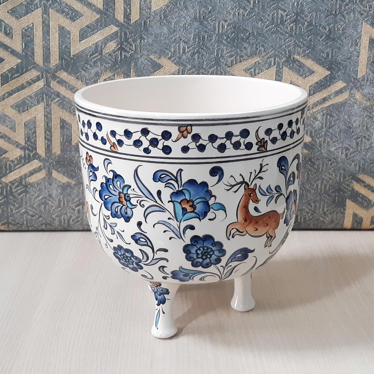 Handmade and Hand-Decorated Planter Pot, Chinoiserie Pot, Blue and White Pot