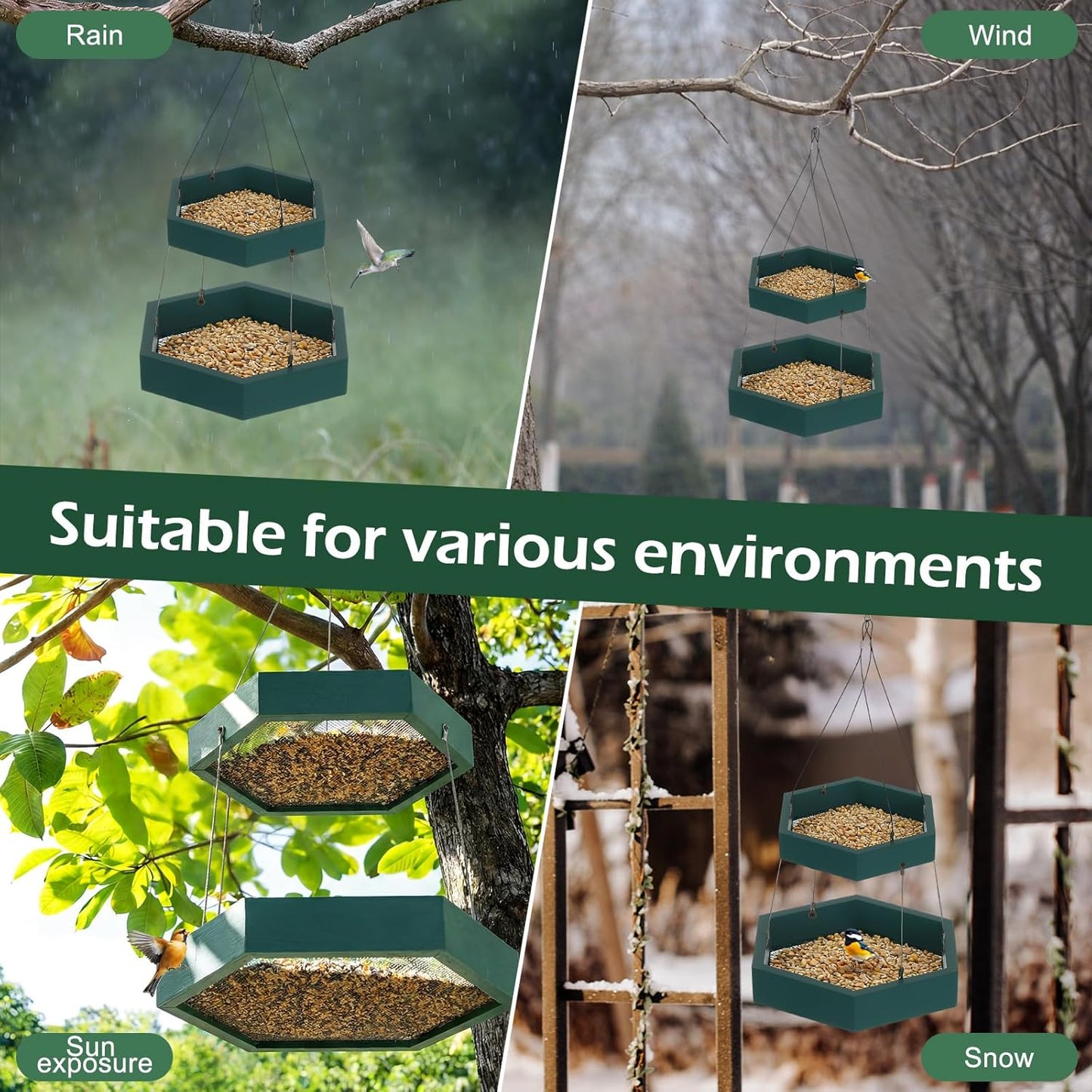 2 Pack 2 Tier Large Platform Bird Feeders for Outdoors Hanging Green Pine Wood Flat Birds Feeder Tray Outdoor Wild Bird Seed Feeder and Decor, Hexagon