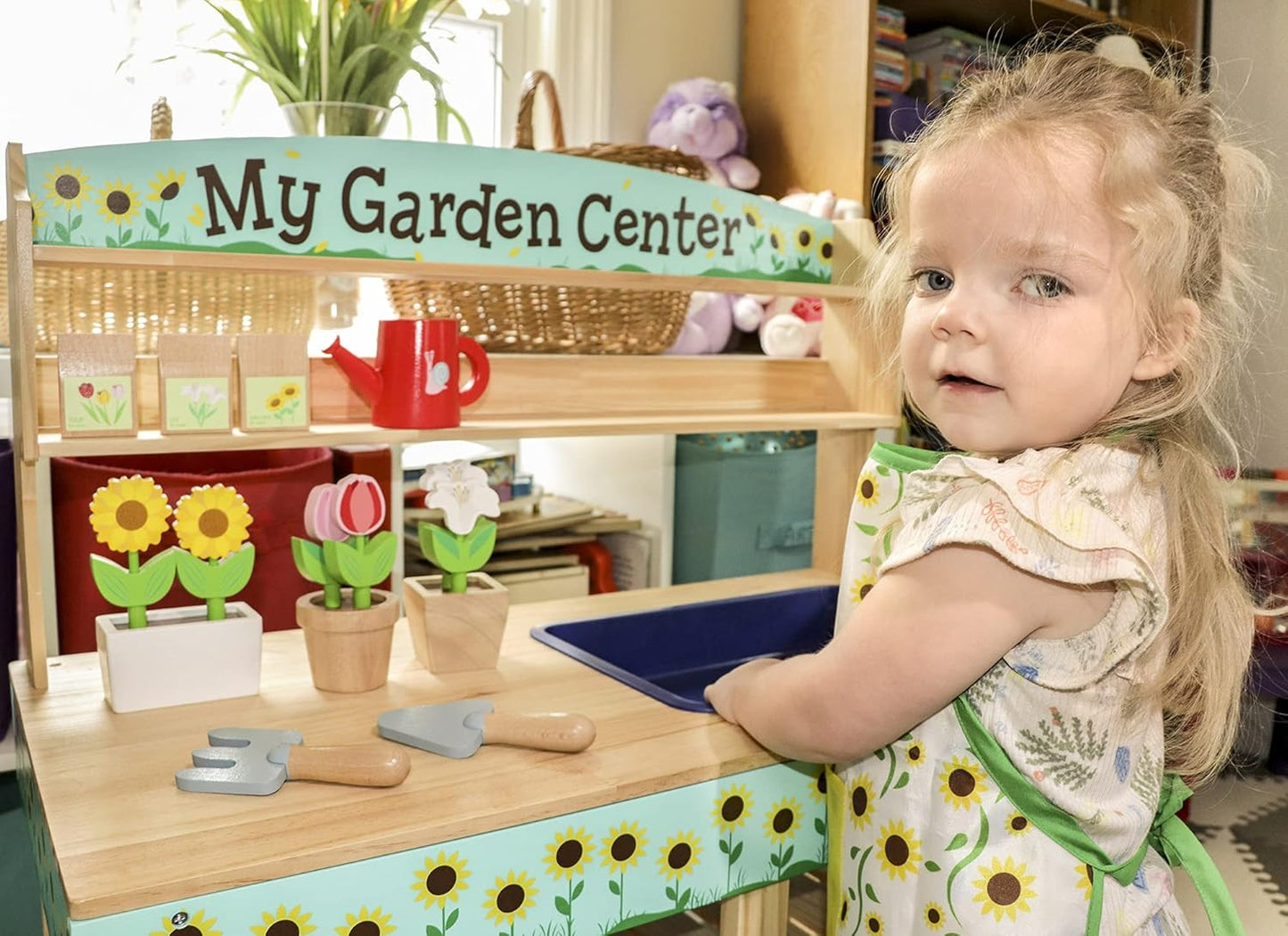 Bloom & Grow Gardening Center Wooden Toy Indoor Playset- Kids Easter Gift- 22 Pc Garden Stand Set w Flowers, Seed Packet, Pots Shovel Rake Apron Watering Pot- Interactive Fun Pretend Playtime Activity