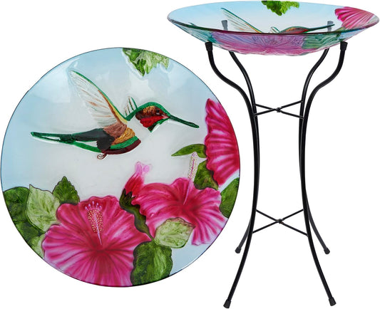 Alpine Corporation 26" Tall Outdoor Glass Floral Hummingbird Birdbath 