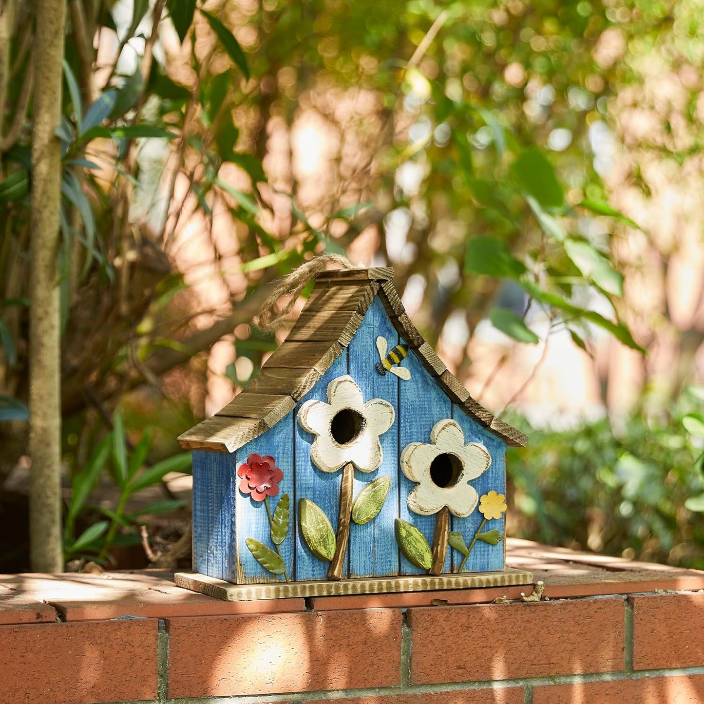 Glitzhome 10.5" H Hanging Birdhouse Washed Blue Distressed Decorative Wooden Two-Story Townhouse with 3D Flowers for Outside