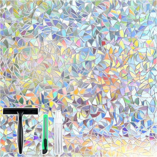 rabbitgoo Window Privacy Film Stained Glass Rainbow 3D Prism Decorative Iridescent Window Sticker Static Cling Suncatcher UV Protection for Home Heat Control, 17.5" x 78.7"