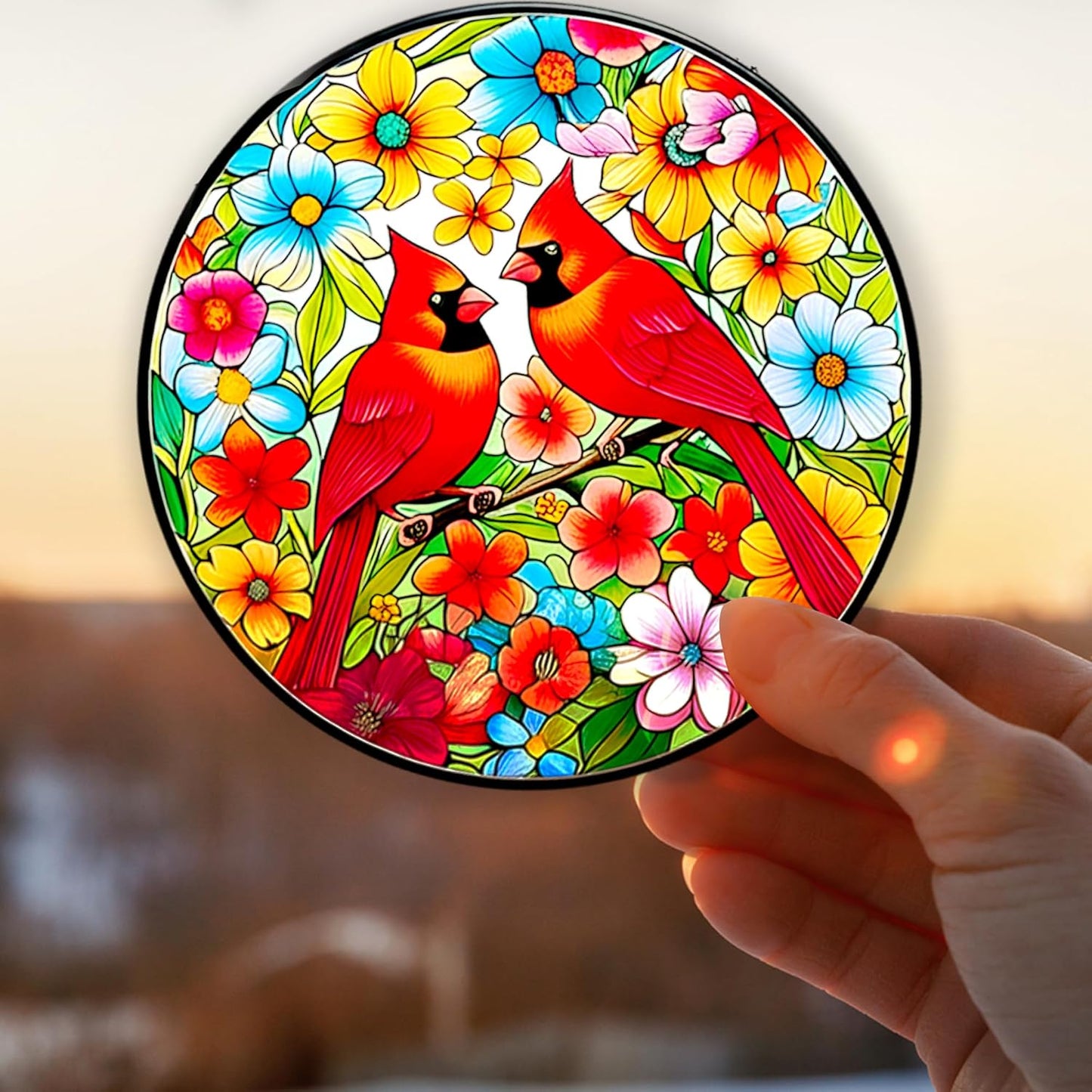 Cardinals Stained Glass Suncatcher - Red Bird Window Hanging with Safe Iron Frame - Includes Chain & Suction Cup - Heartfelt Gift for Mom, Women - Housewarming & Christmas Decor (Cardinal Ver1)