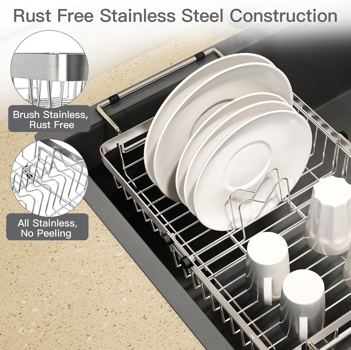 MAJALiS Expandable Stainless Steel Over The Sink Dish Drying Rack for Small Kitchen, Counter Space Saving, Hanging Compact RV Plate Drain Strainer in Silver Wire Metal with Adjustable Utensil Holder