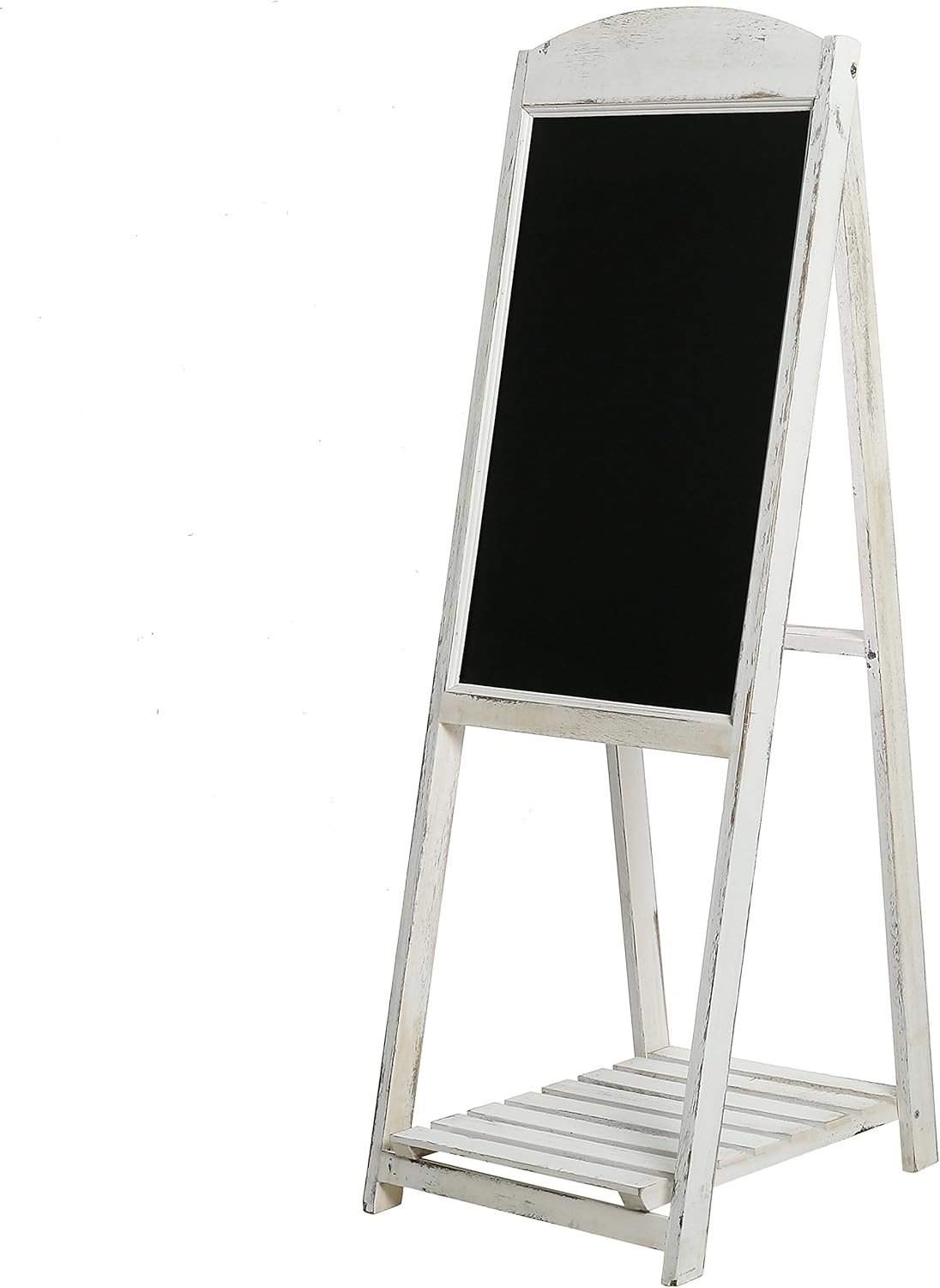 MyGift 45 Inch Tall Vintage White Weathered Paulownia Wood Sidewalk Chalkboard Sign with Plant Shelf Stand, Freestanding A-Frame Easel Erasable Message Board