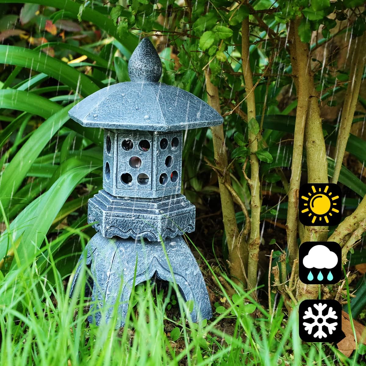Pagoda Lantern Garden Statue with Solar Lotus Lights, Large Resin Japanese Temple Pagoda Lamp Asian Zen Outdoor Yard Decor for Landscape Patio Porch Lawn Decorations, Christmas Ornament Gift