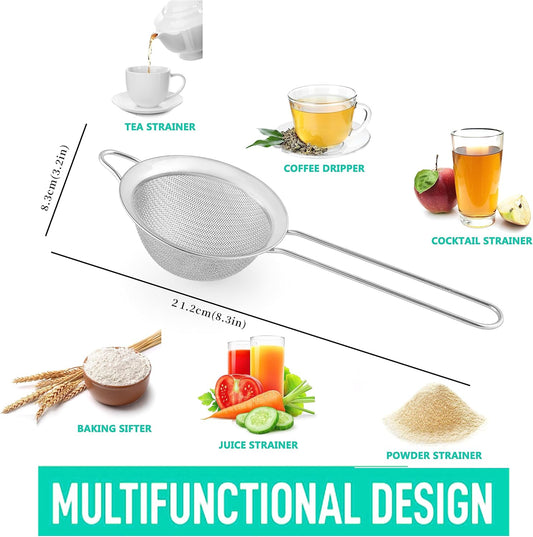 Fine Mesh Strainers for Kitchen, COKUMA Stainless Steel Metal Hand Small Mini Sieve Strainer, Cocktail Strainer Tea Coffee Juice Strainer，Food Strainer with Handlle (3.35inch, Silver)