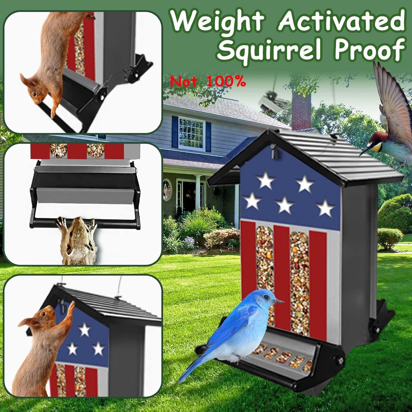 Squirrel Proof Bird Feeder, Hanging Bird Seed Feeders for Outdoors, 6LBS Large Capacity Metal Weight-Activated Perches Wild Birdfeeder for Blue Jay, Cardinal, Outside
