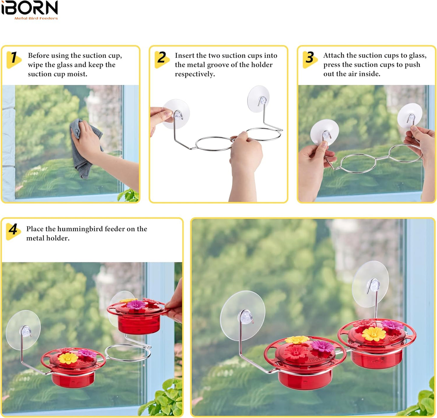 iBorn Window Hummingbird Feeder Hummingbird Feeder with Strong Suction Cup Mini Humming Bird Feeders for Outdoors, Bee-Proof Feeding Ports & Stainless Steel Base, 3oz, 2025 New