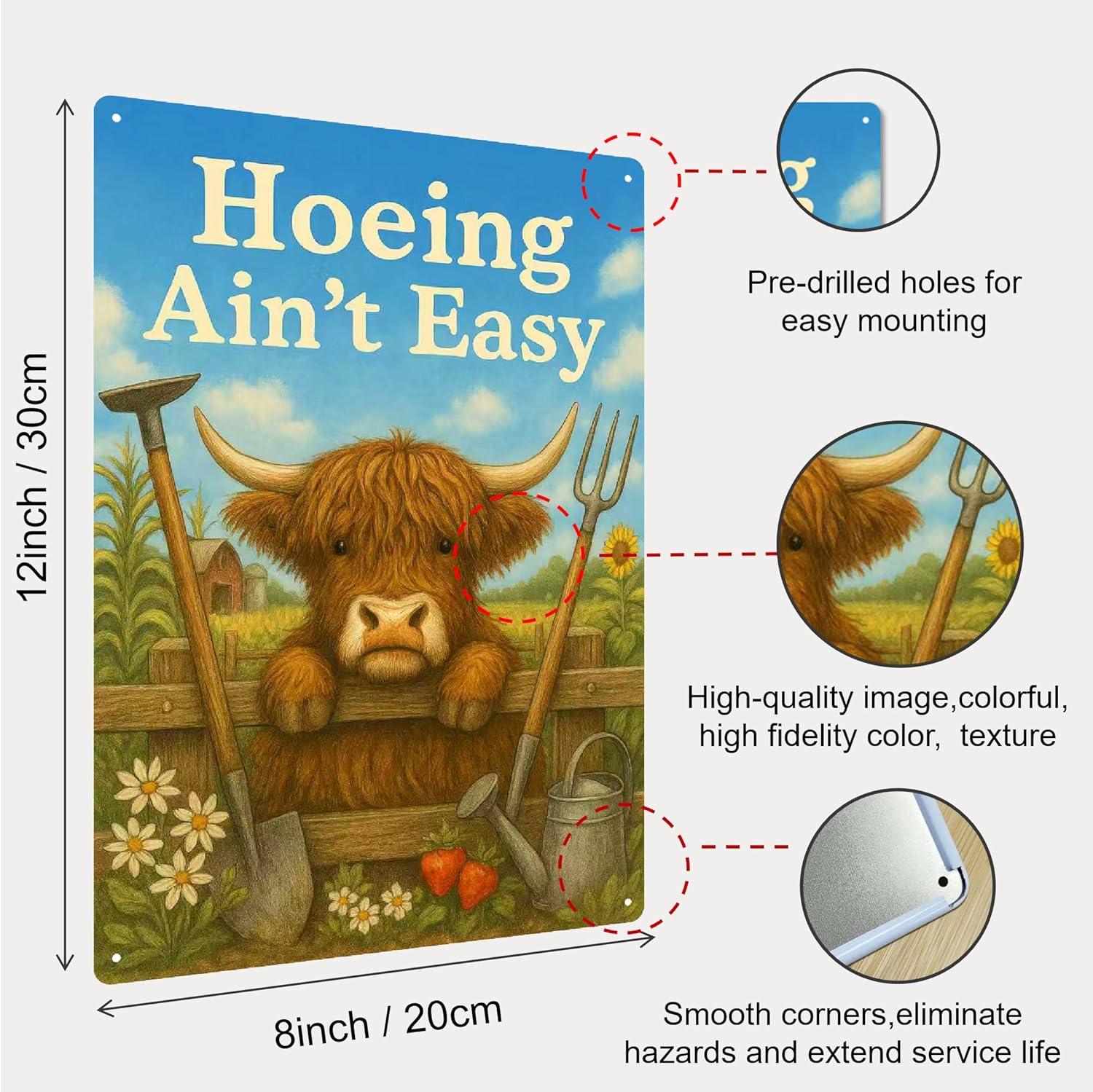 “Hoeing Ain’t Easy” Garden Sign, Funny Highland Cow Metal Yard Signs f