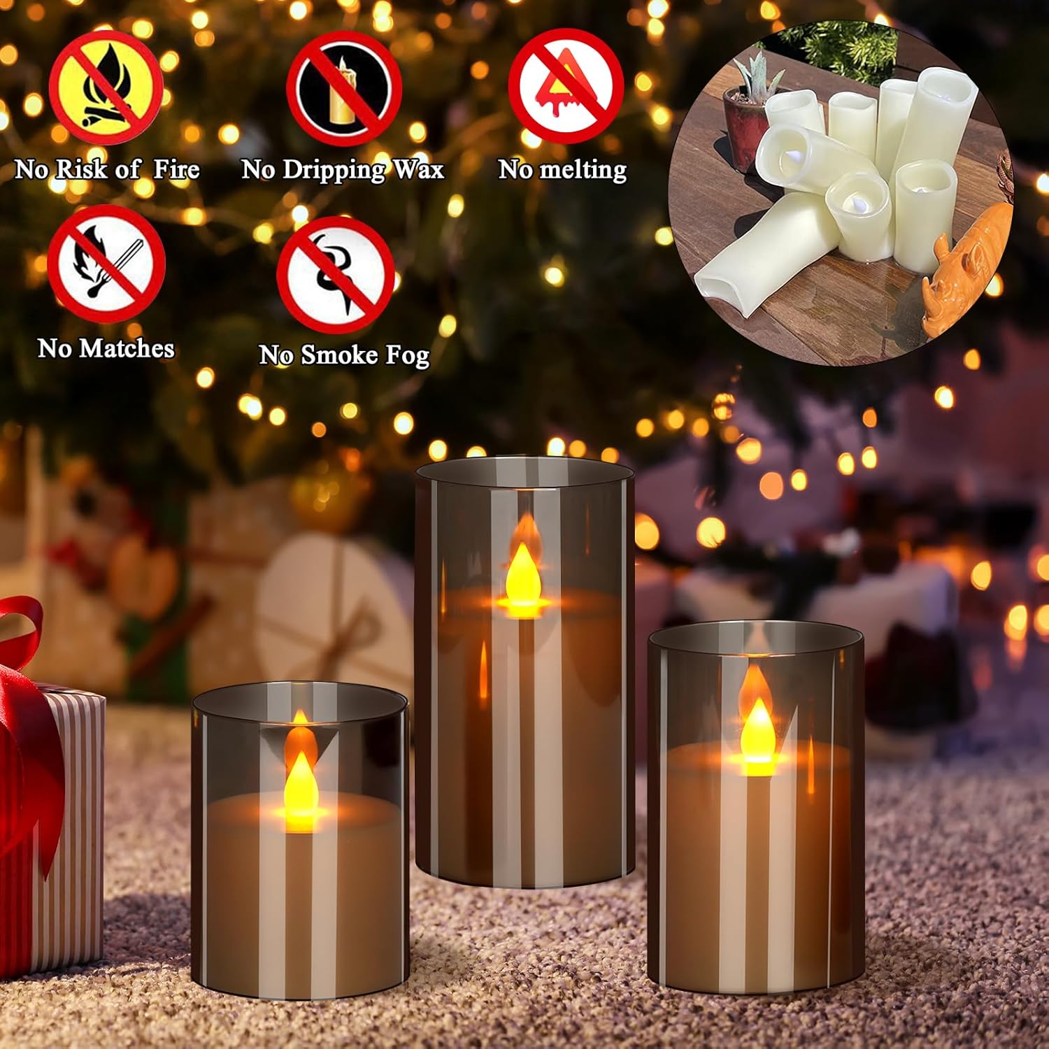 Flameless Candles 4" 5" 6" Set of 3 Acrylic Glass Pillars 3" Diameter 