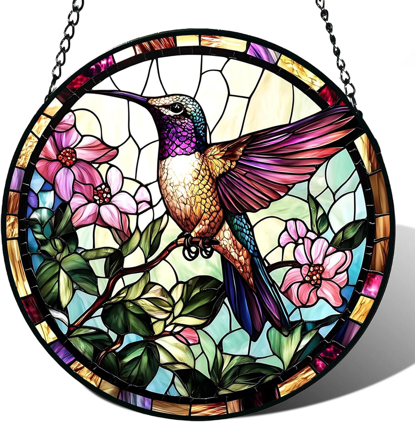 Stained Glass Window Hanging, Hummingbird Suncatcher for Door Home Dec
