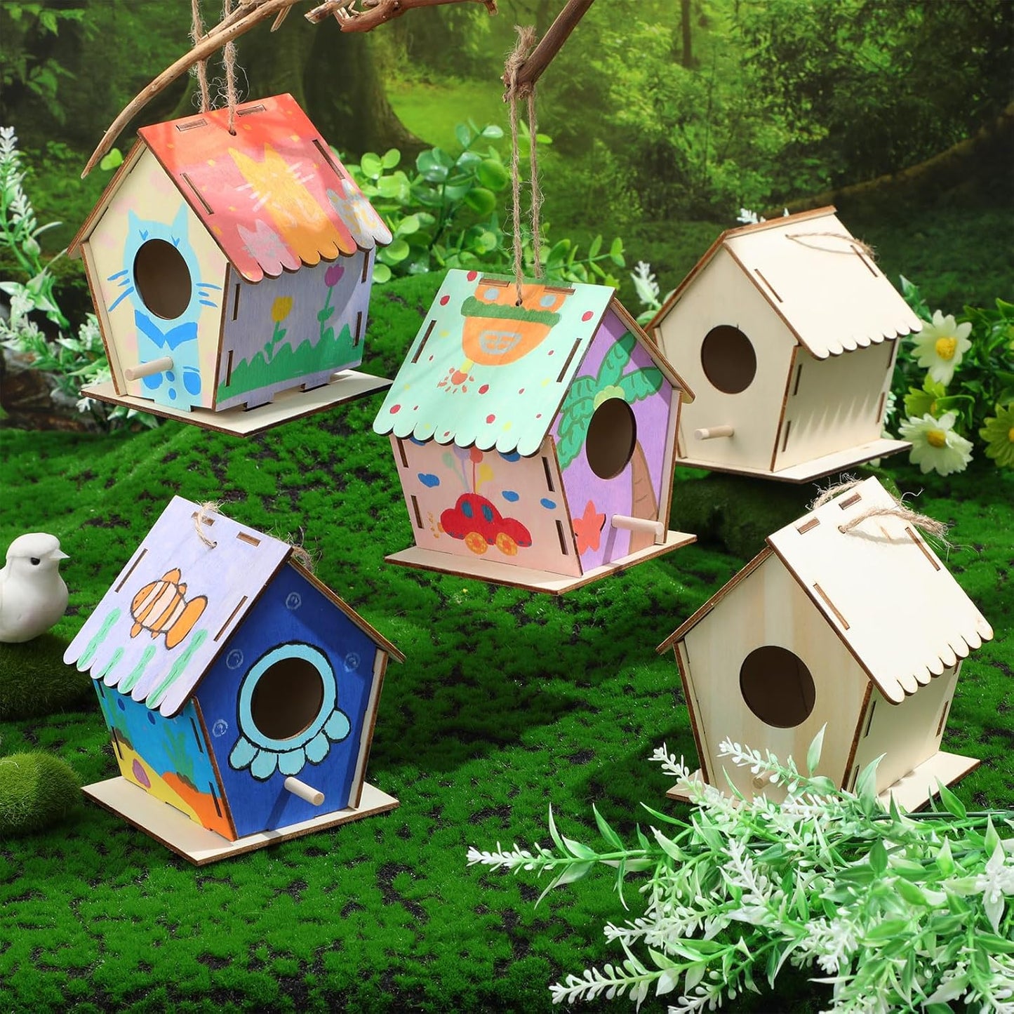 24 Pack 4. 3" Wooden Bird Houses Bulk for Kids with Front Perch Peg, DIY Kid Art Craft Outdoor Birdhouse Kit Unfinished Hanging Birdhouse Class Activity for Girls Boys to Build and Paint