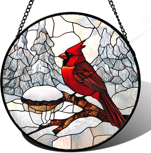 Stained Glass Window Hanging Cardinal Gifts 7.8" - Red Bird Suncatcher Door Garden Sunroom Sun Catcher Home Decor Birthday Christmas for Birds Lover Mom Men Woman Nana Dad
