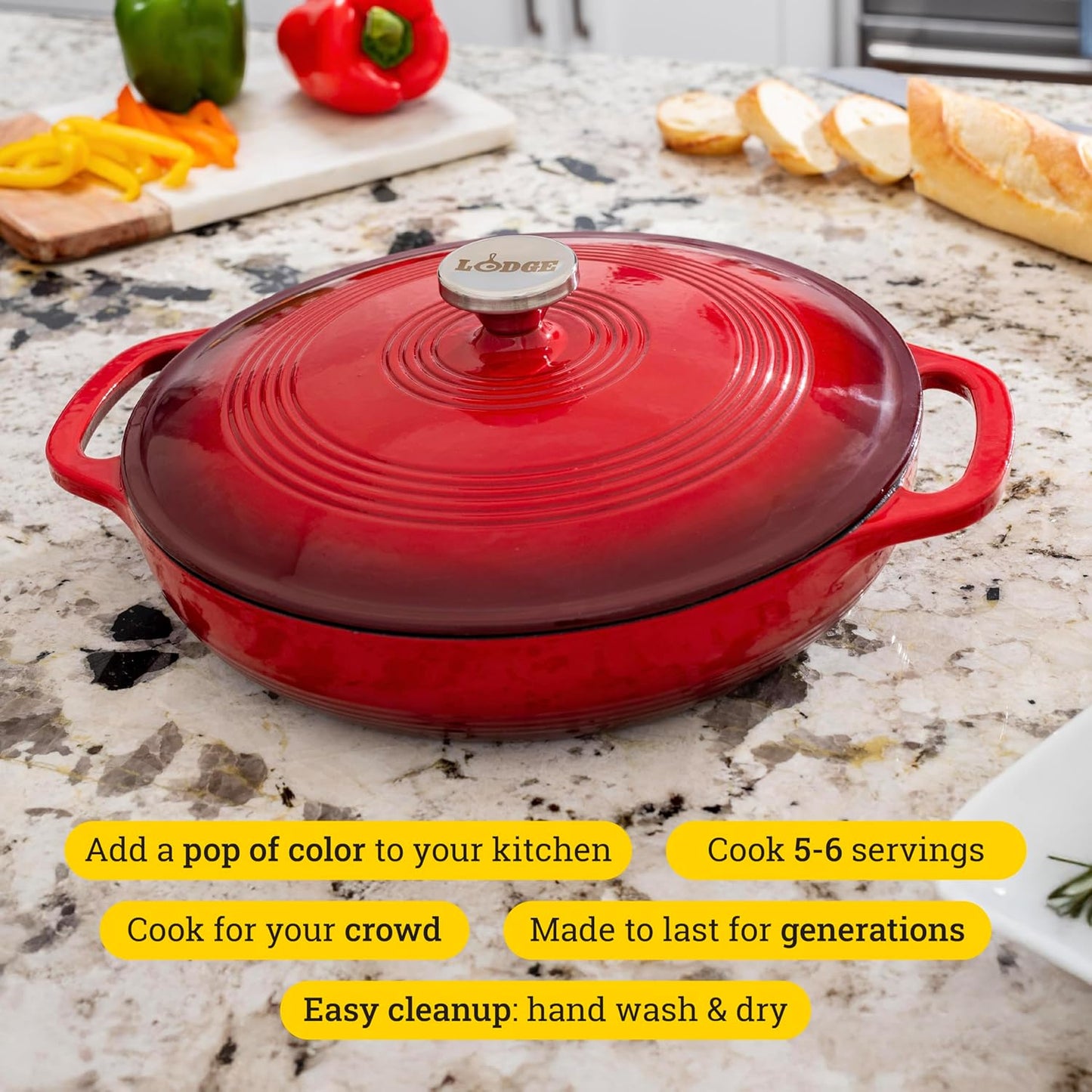Lodge 3.6 Quart Enameled Cast Iron Oval Casserole With Lid– Dual Handl