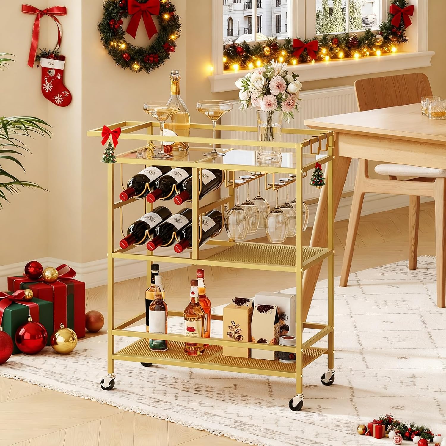 Bar Cart for Home, 3-Tier Serving Cart with Wheels and Handle, Beverag