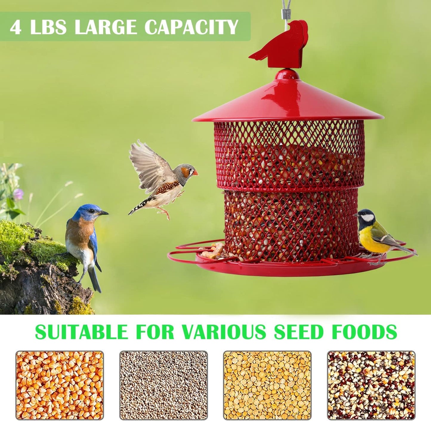 Metal Bird Feeder for Outside Hanging, Bird Feeders Squirrel Proof, 4 Lbs Large Capacity Iron Tube Mesh Wild Birdfeeder for Outdoor Finch Cardinal Chickadees Blue Jay -Red