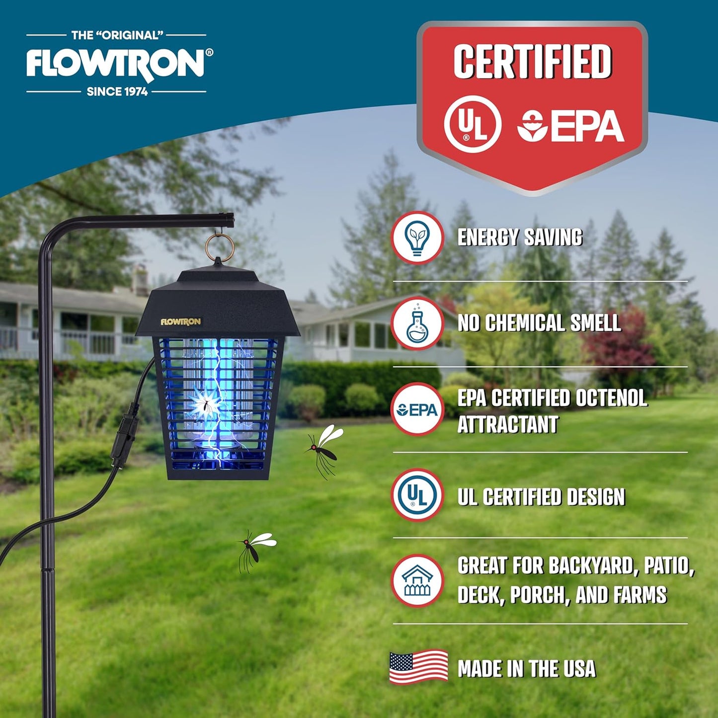 Flowtron Electric Bug Zapper 1/2 Acre Outdoor Insect Control with Dual Lure Method, 15W UV Light & Octenol Attractant for Fly & Mosquito, 5600V Kill Grid, Made in USA, UL Certified