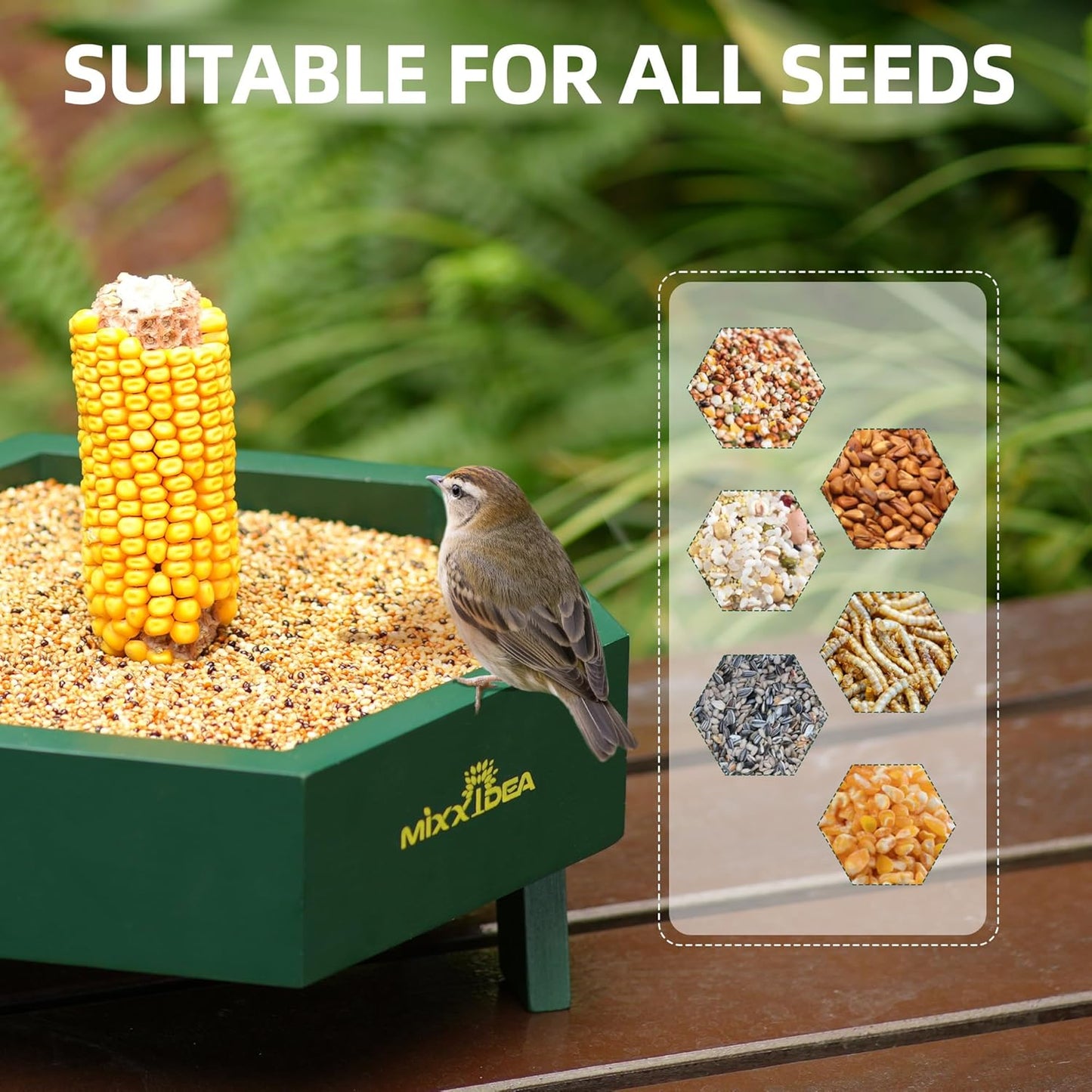 MIXXIDEA Ground Bird Feeder for Outdoors, Wooden Mesh Seed Tray for Bird Feeders, Great Attracting Garden Yard Decoration for Wild Birds Squirrels Chicken Dove, Green