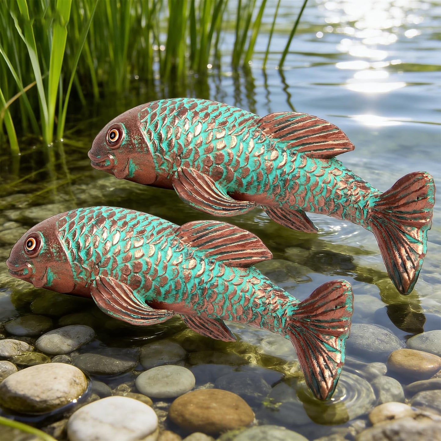 Garden Statues,Koi Fish Decor,Set of 2 Antique Koi Fish Garden Statue,Sculpture for Outdoors,Patio Decor,Backyard and Home Kitchen Decoration,Gifts for Mom Women Grandma