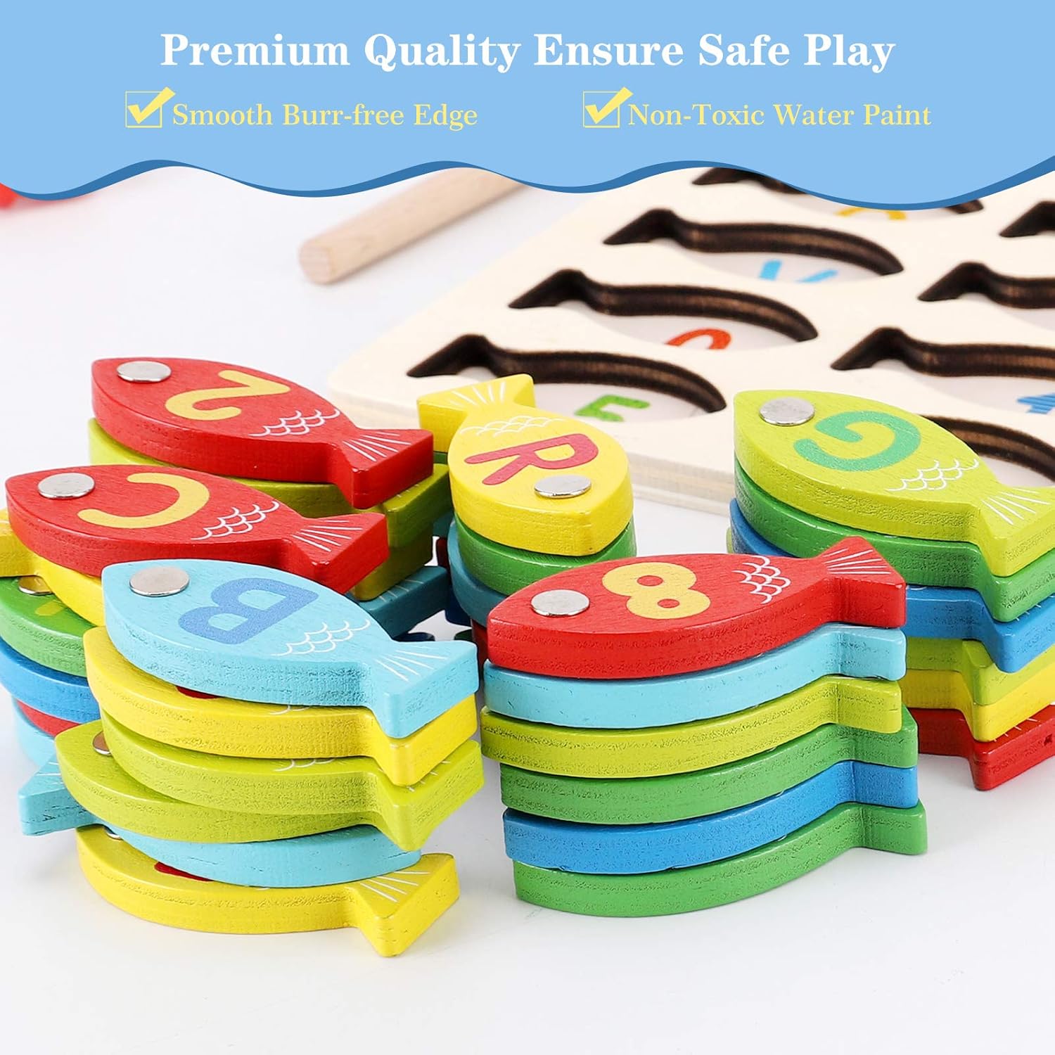 Magnetic Wooden Fishing Game Toy for Toddlers, Alphabet Fish Catching 