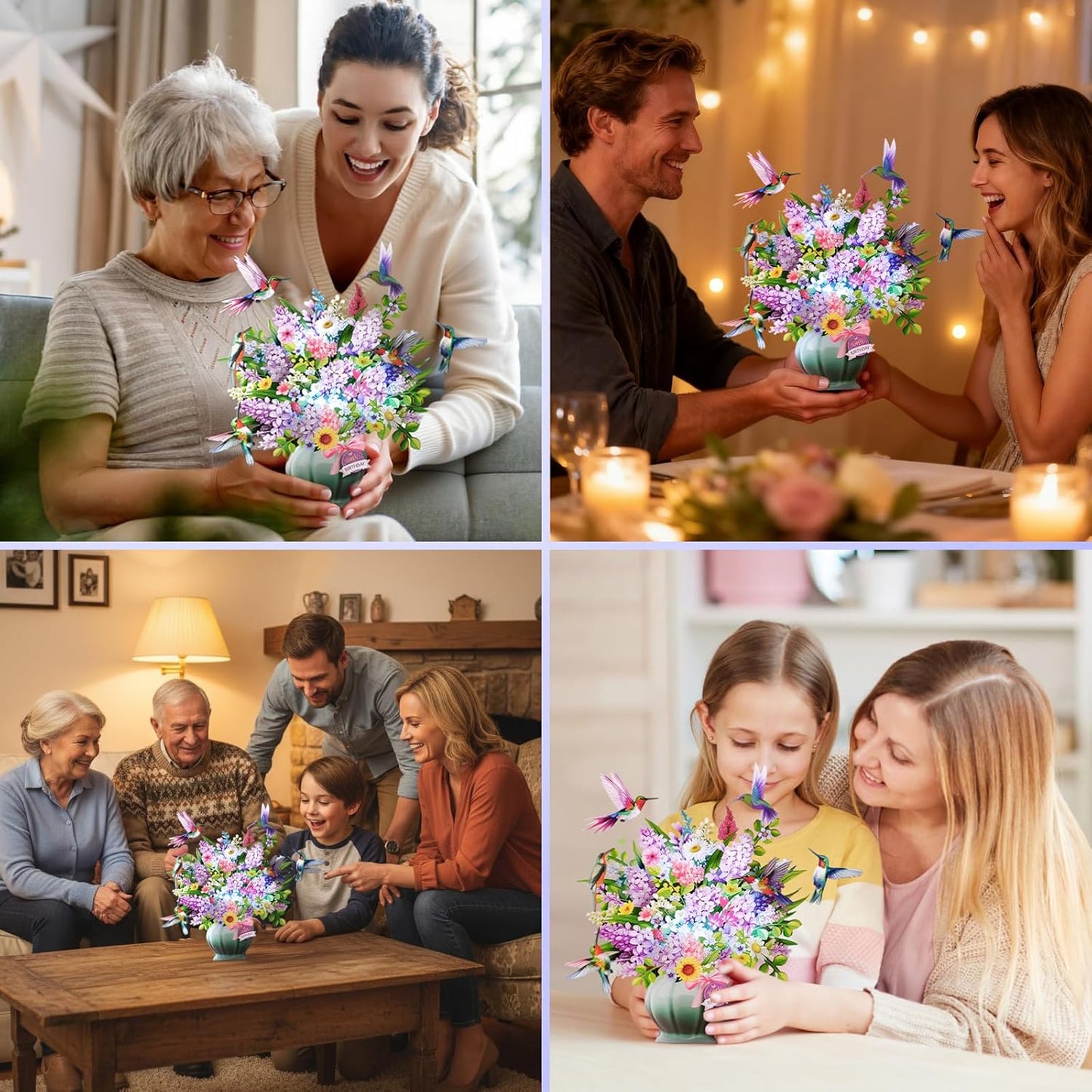 Birthday Cards, Light and Music Happy Birthday Card, Hummingbird Oasis, 10 Inch Life Sized Forever Flower Bouquet, 3D Pop Up Birthday Gift Card for Women Wife Mom Daughter Sister (Blank Notecard & Envelope)