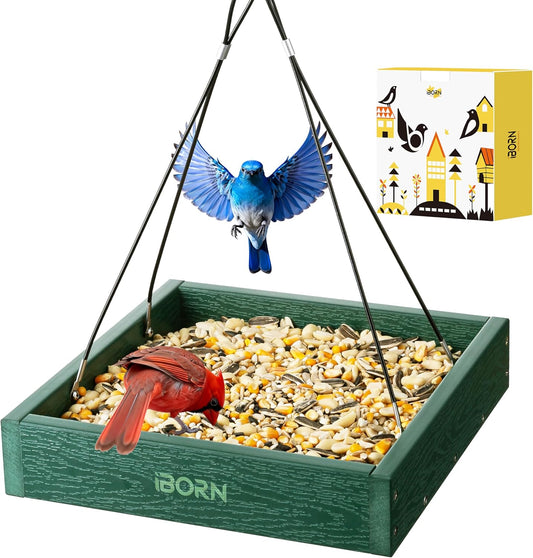 iBorn Platform Bird Feeder Tray, Bird Feeders for Outdoors Hanging, Flat Birdfeeder Tray with Large Capacity 3LBS, WPC Recycled Plastic & Cedar Look, Waterproof, 10.5"x10.5", Green