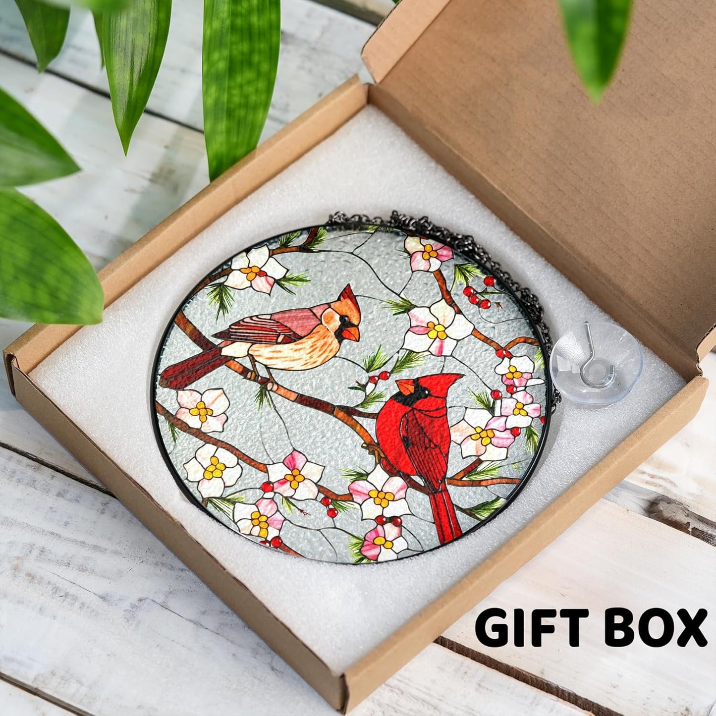 7.8" Cardinal Stained Glass Suncatcher Cardinal Bird Suncatcher Crystal Window Hanging Sun Catcher Red Birds for Window Cardinals Gifts for Women Mom Gift for Mothers Day Bird Decor Memorial Gift
