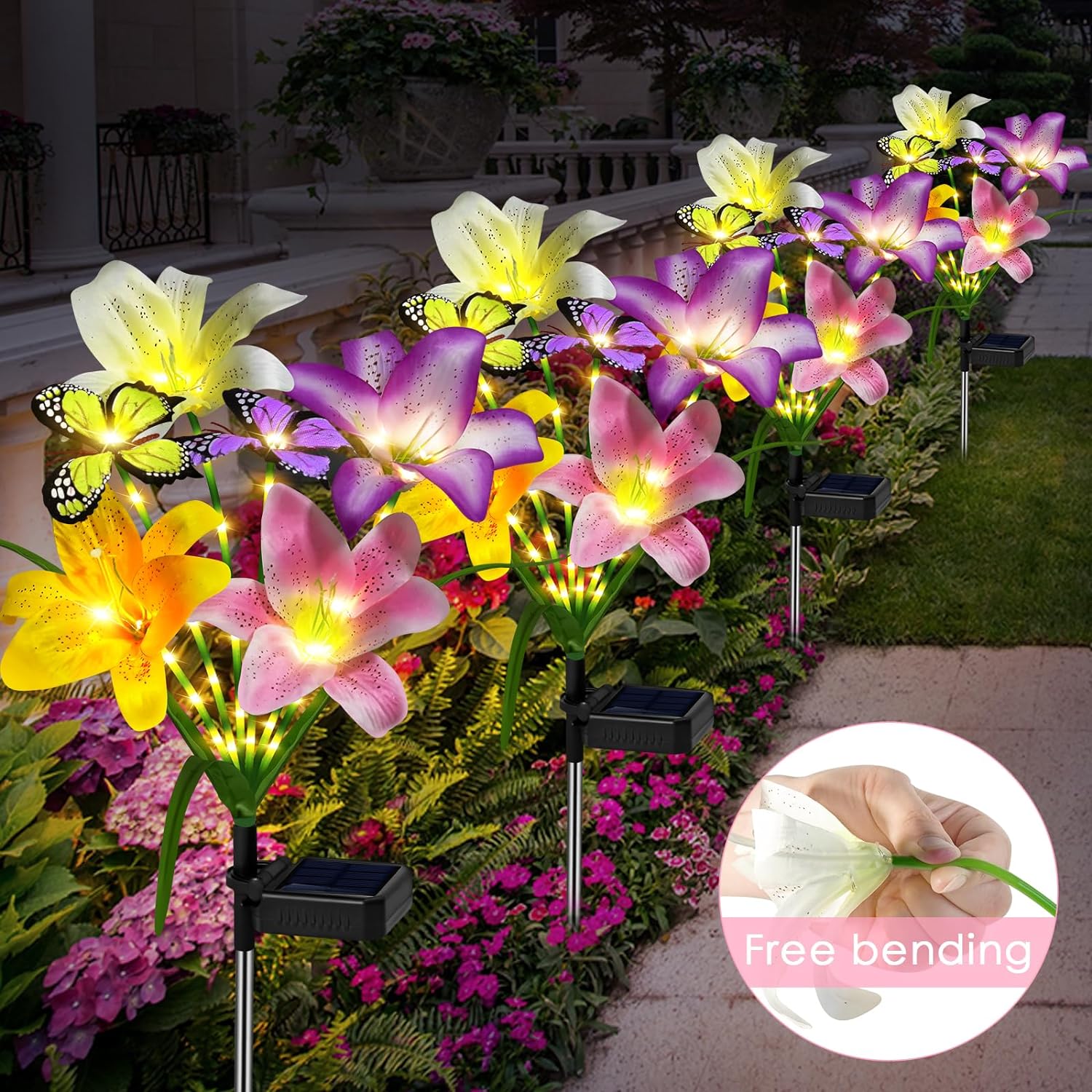 Solar Garden Lights Outdoor, 4 Pack Flower Lights for Outside, 16 Sola