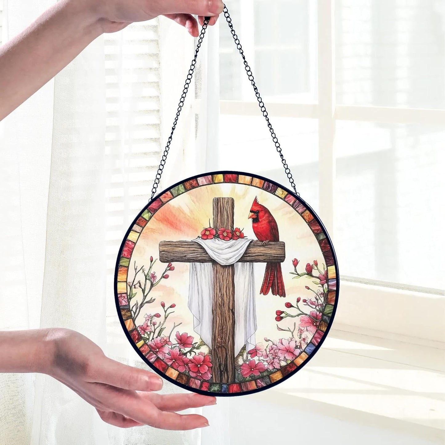 Red Cardinals Cross Suncatcher Stained Glass Window Hanging Christian Gifts for Women Faith Home Decorations Jesus Gifts for Women of God Christmas Mothers Day Religious Catholic Religion Bible Gift