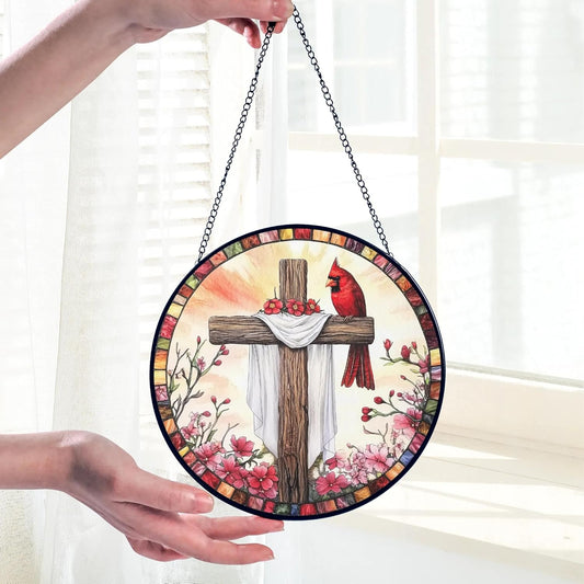 Red Cardinals Cross Suncatcher Stained Glass Window Hanging Christian Gifts for Women Faith Home Decorations Jesus Gifts for Women of God Christmas Mothers Day Religious Catholic Religion Bible Gift