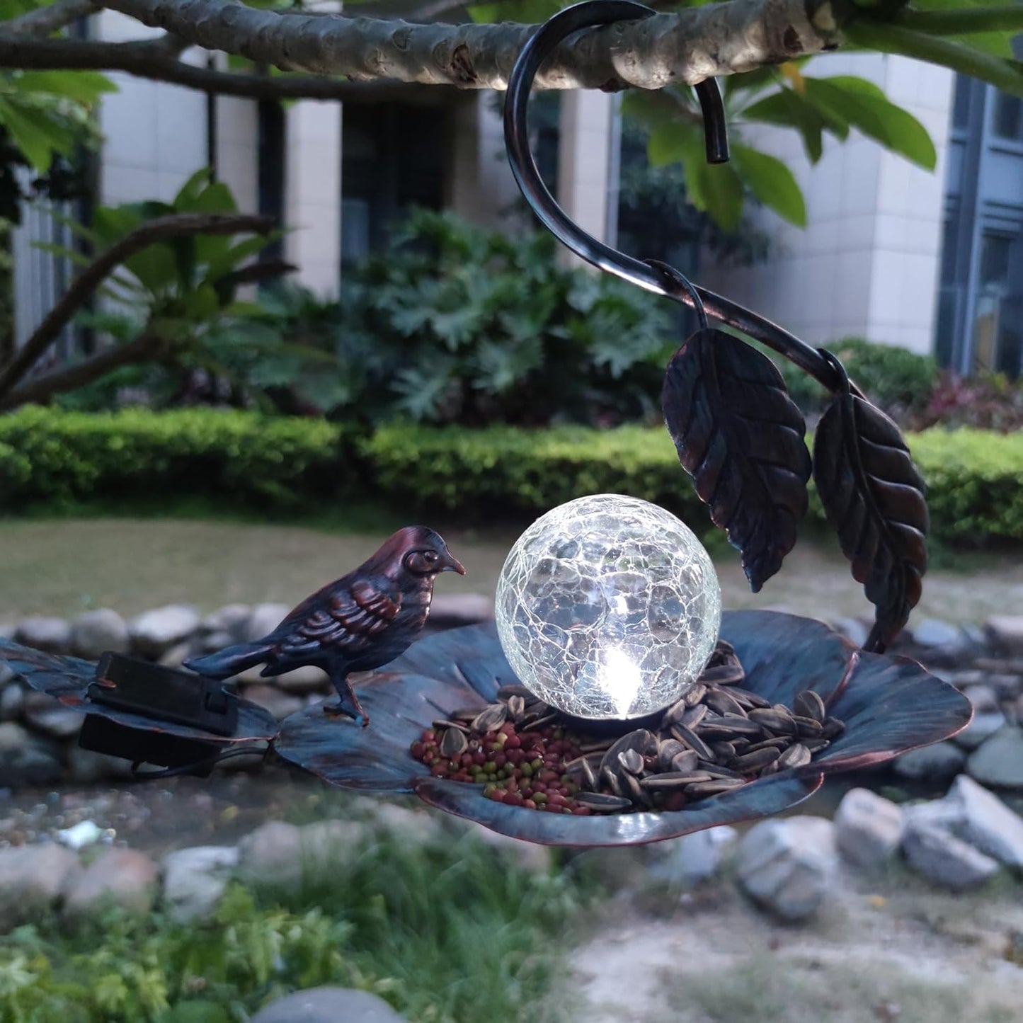 Solar Bird Feeder for Outdoors Hanging, Metal Wild Cardinals Garden Solar Light with S Hook, Weatherproof and Water Resistant Birdfeeders as Gift Idea for Bird Lovers (Blue Gold)
