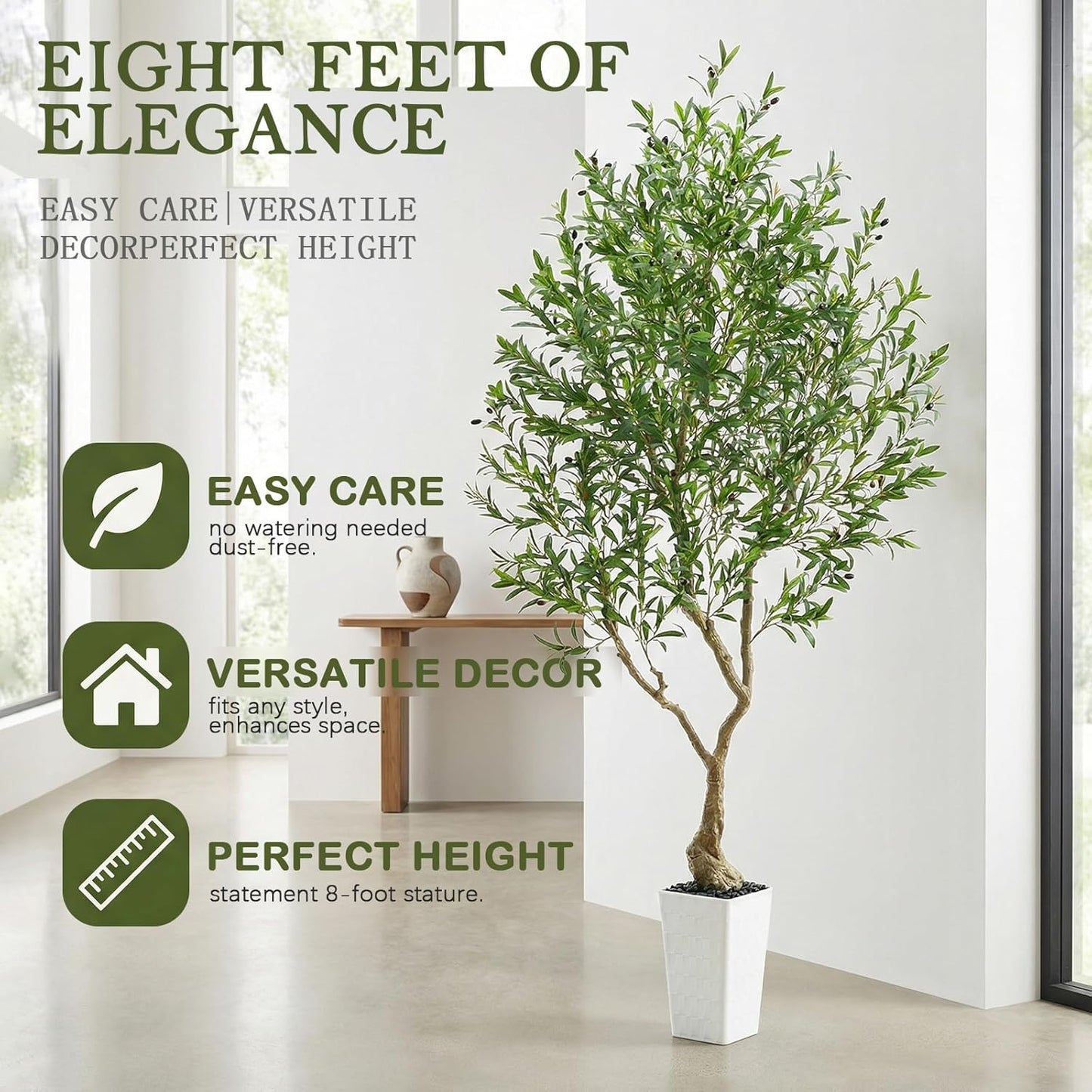 Artificial Olive Tree, 8FT Tall Faux Olive Trees with White Tall Planter & Pebbles, Fake Silk Plant with Natural Trunk & Lifelike Fruits, Fake Tree for Home Office Living Room Indoor Outdoor Decor