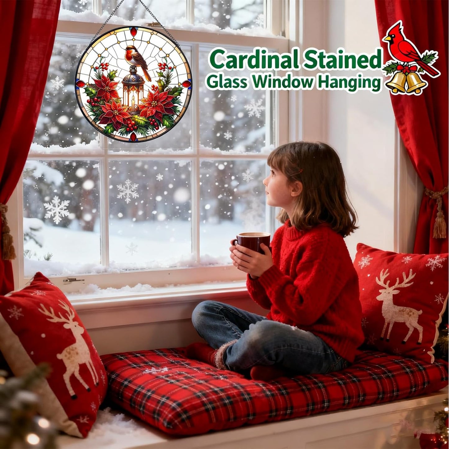 A Robin on lamp Post Stained Glass Window Hanging, Red Bird Memorial Suncatcher,Hummingbird Suncatcher for Women,Cardinal Gifts for Mom Grandma 7.87"