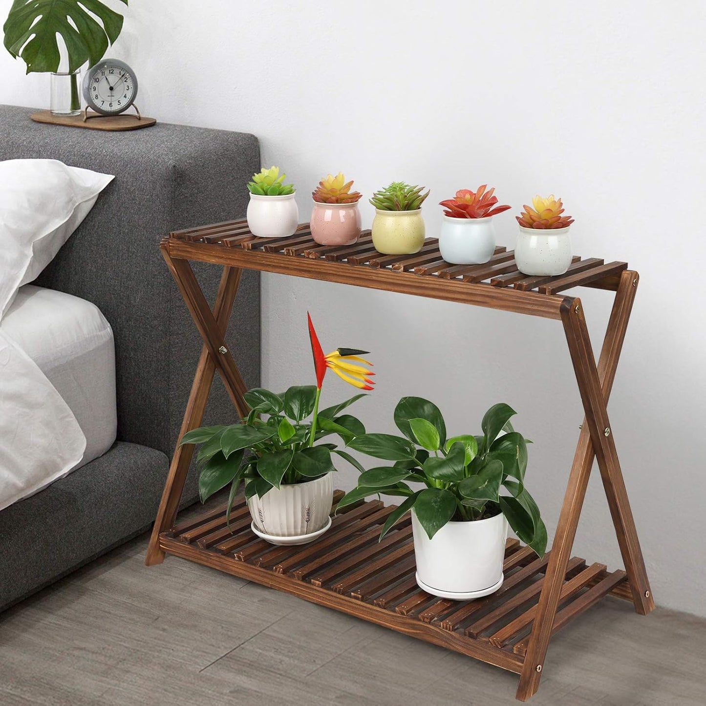 Wood Plant Stand Indoor Outdoor 2 Tiers Flower Stand Corner Stepped Pl