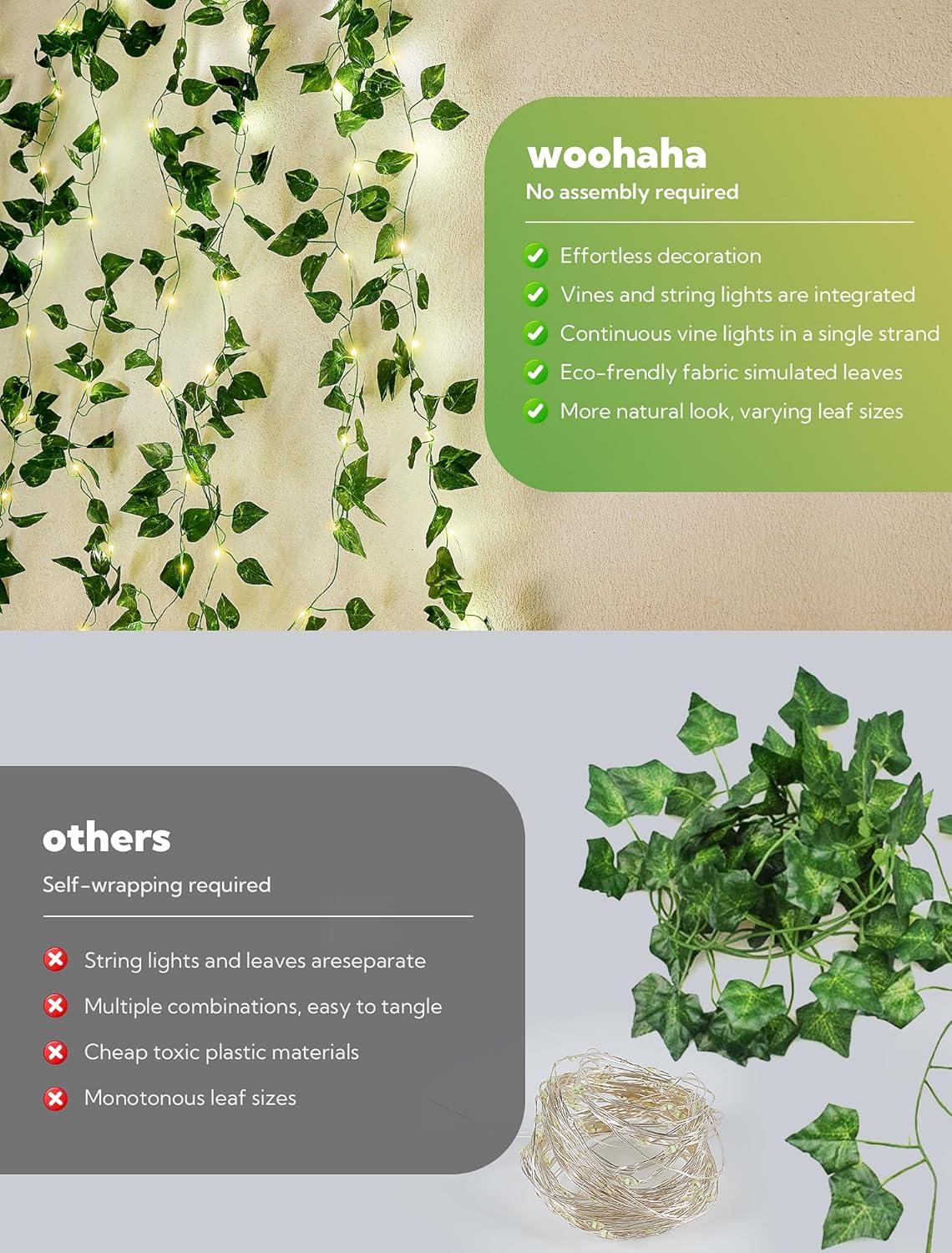woohaha Solar Vine with Fairy Lights,23ft 73LED Ivy String Light for Christmas Decorations,Leaf Light for Bedroom, Room, Wall, Garden, Party, Wedding Decor (Warm White)