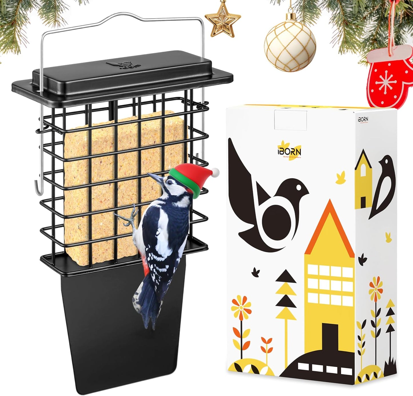 iBorn Metal Suet Feeder with Tail Prop | Durable Suet Cake Cage Bird Feeder for Outdoors，Woodpecker Feeder for Outside Hanging，Heavy-Duty Suet Holder,Easy Clean & Refill,1 Pack,Black