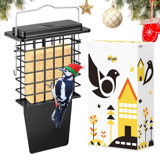 iBorn Metal Suet Feeder with Tail Prop | Durable Suet Cake Cage Bird Feeder for Outdoors，Woodpecker Feeder for Outside Hanging，Heavy-Duty Suet Holder,Easy Clean & Refill,1 Pack,Black
