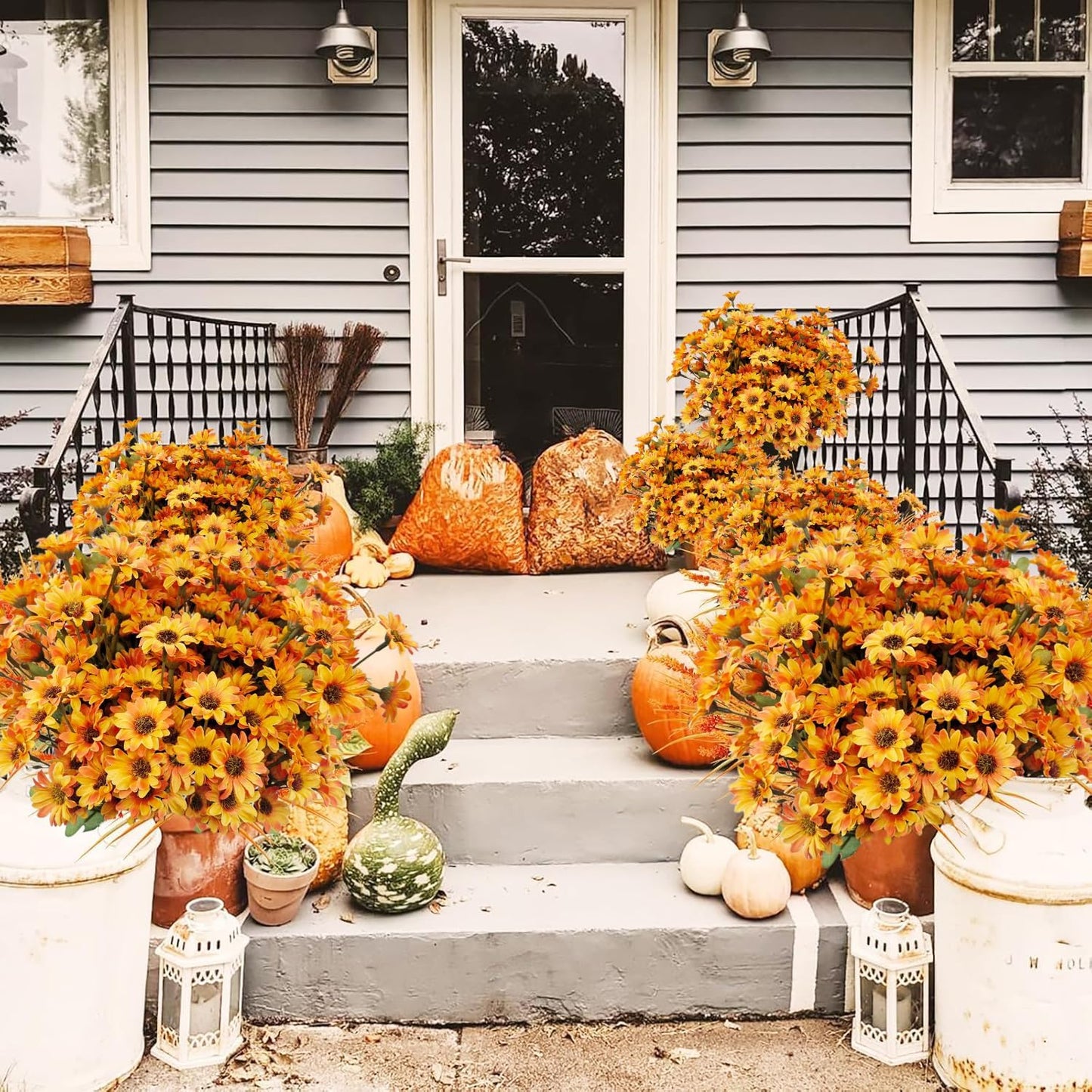 10 Bundles Artificial Fall Flowers Fake Mums Outdoor No Fade Faux Silk Daisy Bulk Plants Flower Arrangements for Autumn Home Outside Porch Patio Farmhouse Garden Pots Planter Decor