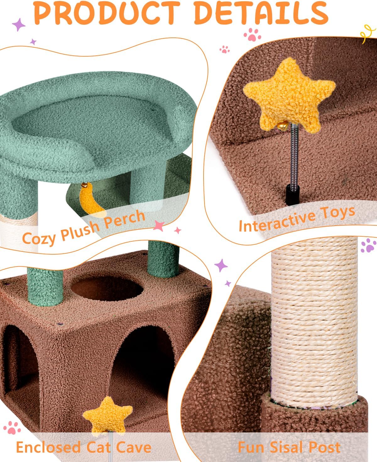 31" Cute Cat Tower for Indoor Kittens with Cat Condo, Plush Platform, 
