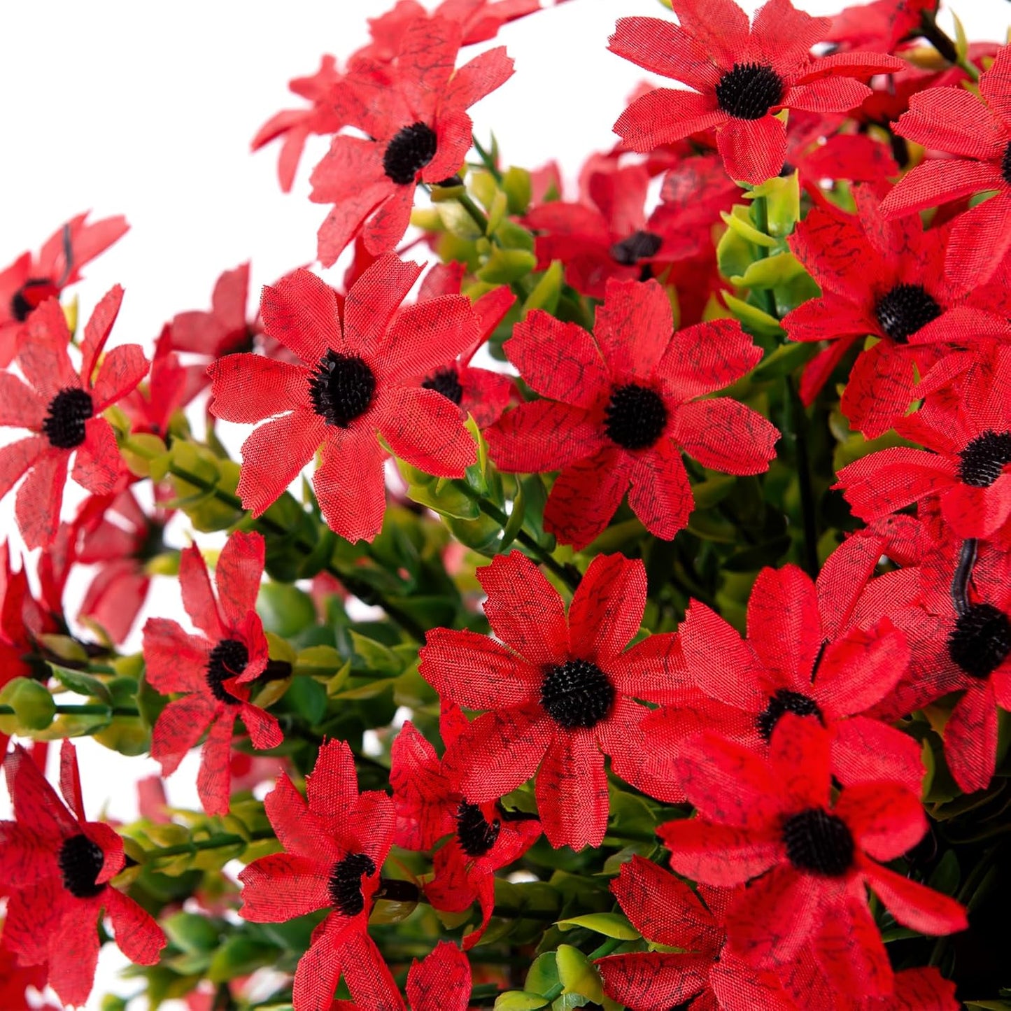 Artificial Fake Spring Summer Hanging Flowers Plants with Basket Outdoor Flower Decor, Faux Silk Colorful Daisy in Metal Coconut Lining Pot Plastic Decor Farmhouse Home Garden (Red)