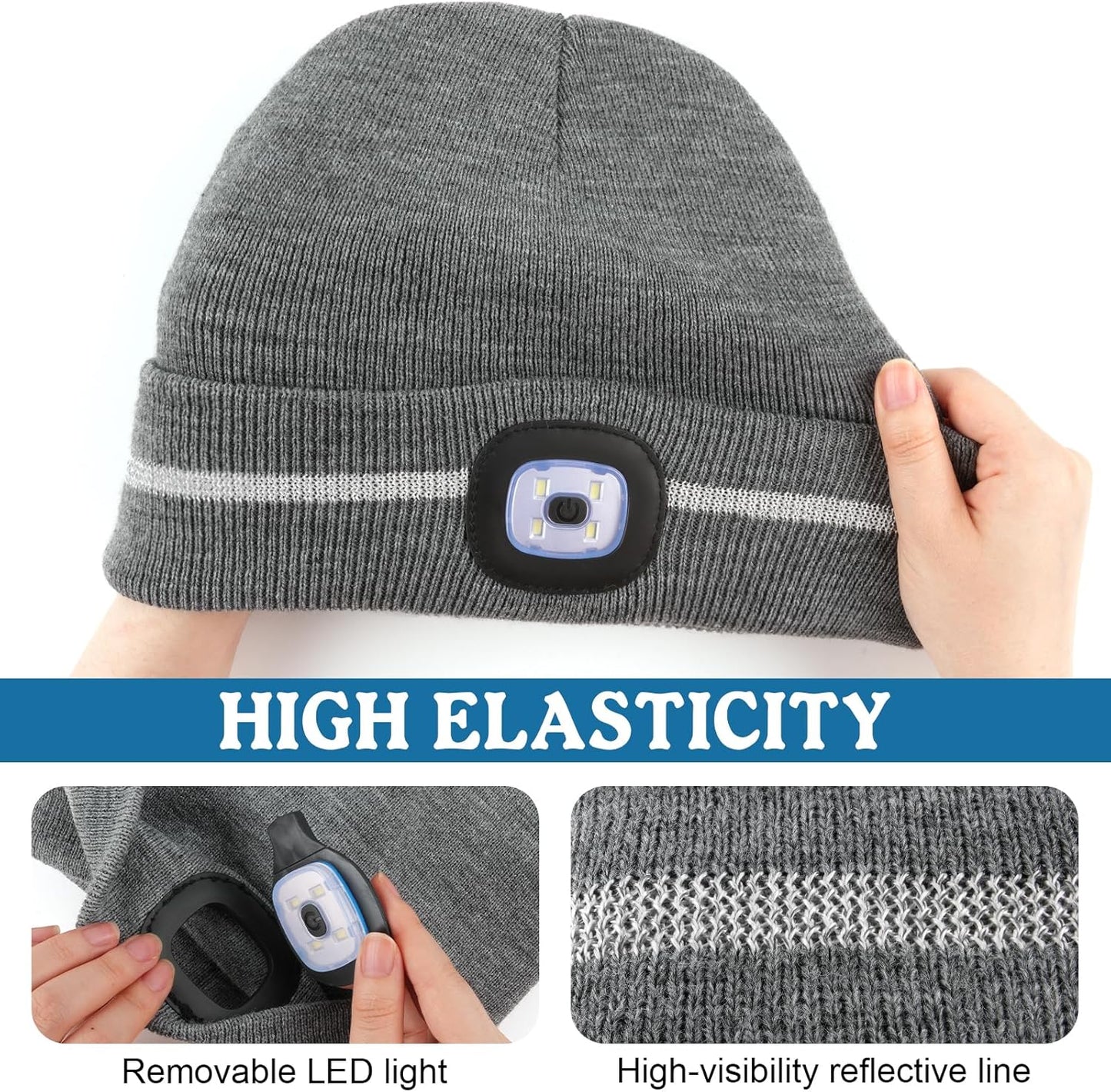 MELASA Reflective Stripe LED Beanie Safety High Visibility Winter Hat 