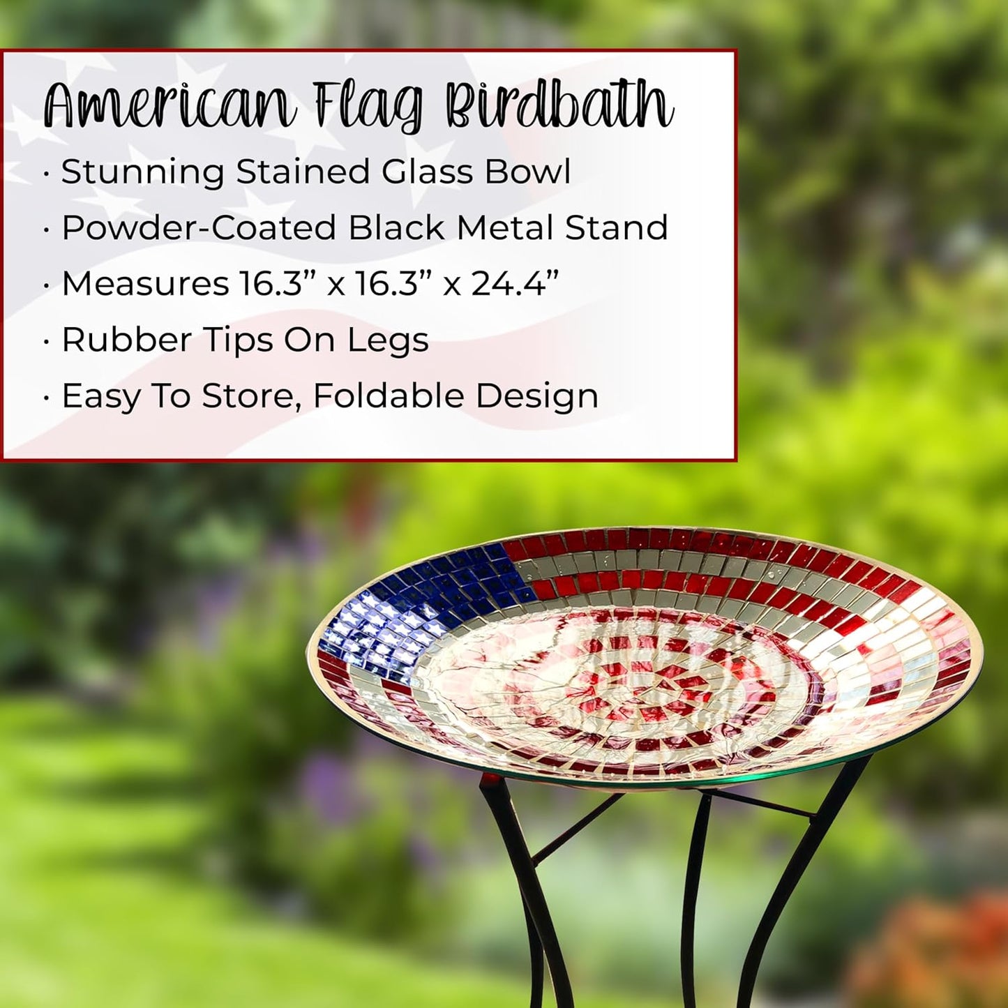 Backyard Expressions Handpainted Glass Bird Bath with Metal Stand for Outdoor, Patio, Garden - American Flag Design