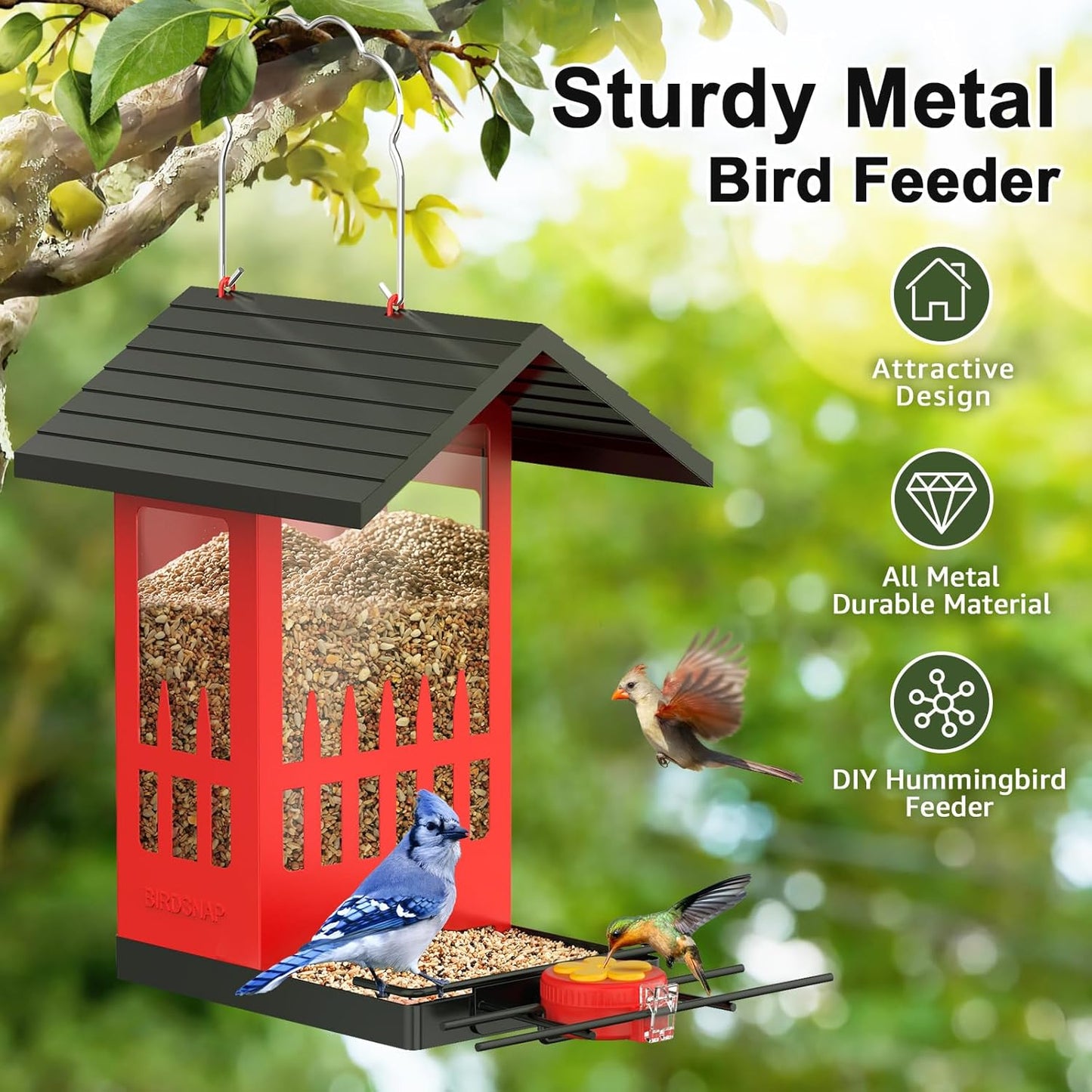 birdsnap® PHE - Bird Feeder House, 3.4L Metal Bird Feeders for Outside Hanging, 2-in-1 Hummingbird Feeder Weatherproof Large Capacity for Garden Feather Watching