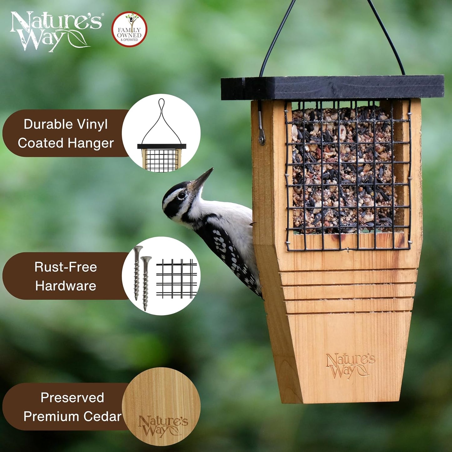 Nature’s Way Cedar Woodpecker Suet Feeder with Tail Support, Heavy-Duty Wood Design, 1 Suet Cake Capacity, Black Weather Guard Roof