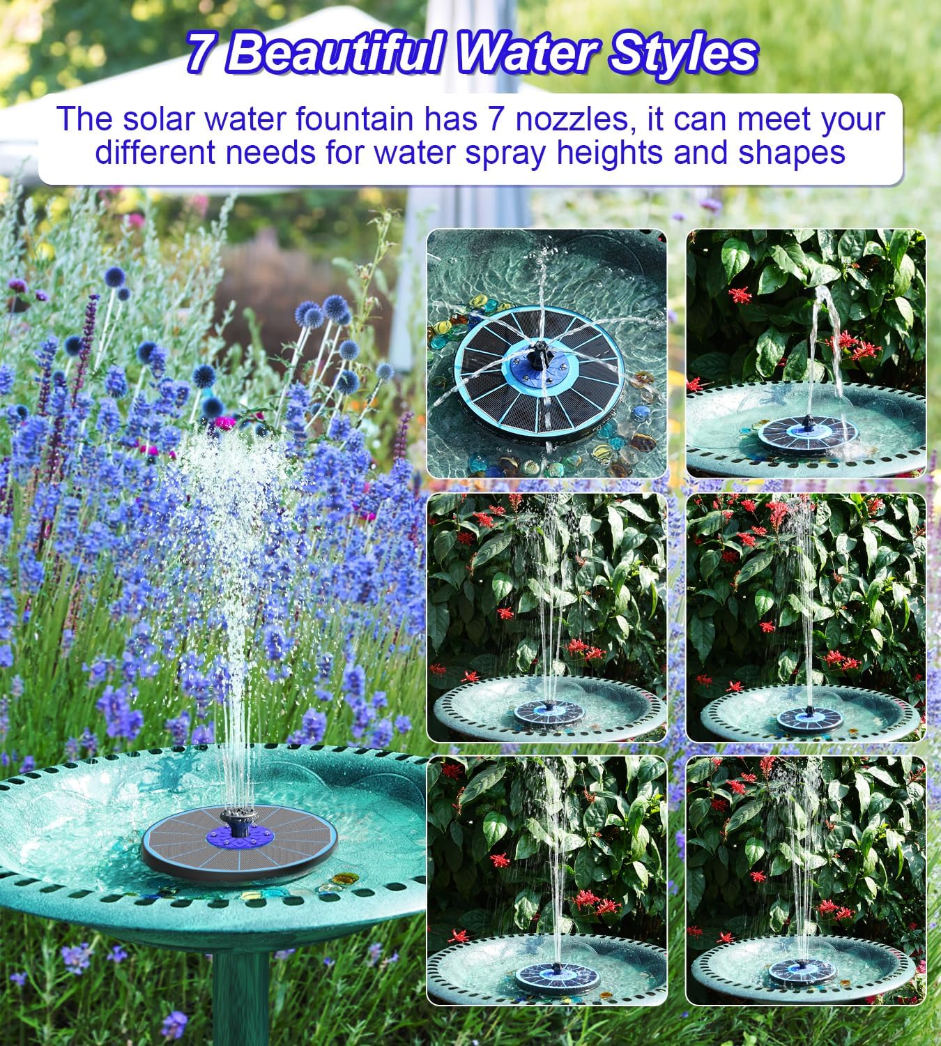 SZMP Solar Fountain Pump 3.5W Bird Bath Fountains with Blue Flower Upgraded Glass Panel, 7 Nozzle & 4 Fixer, Solar Powered Water Fountain for Garden, Pond, Outdoor (Colorful)