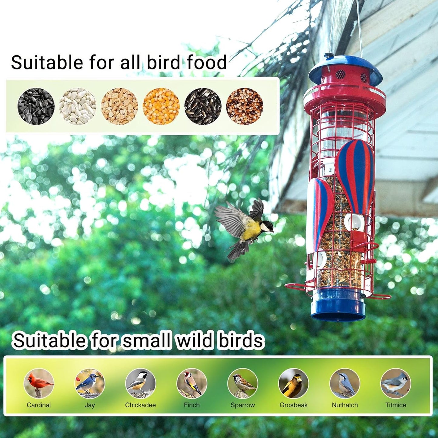 Solar Metal Bird Feeder for Outdoors Hanging Squirrel Proof Wild Bird Feeders, Durable & Chew-Proof Cardinals Feeders, Gifts for Bird Lovers, Garden Decoration