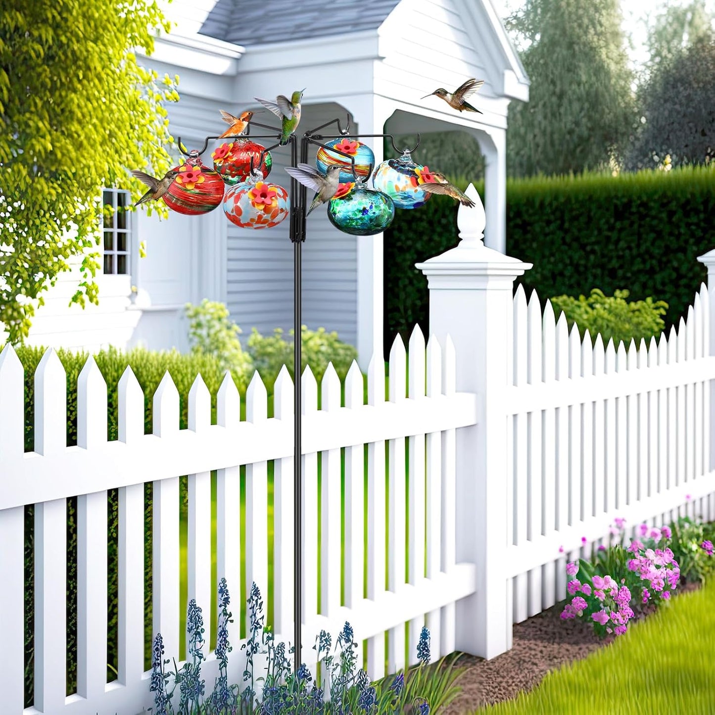 Chunful Hummingbird Feeders for Outdoors Hanging (6 Feeding Stations) Hand Blow Glass Hummingbird Feeder with Shepherd Hook and Adjustable Hight Bird Feeder for Outside, Home Garden Yard, Never Leak